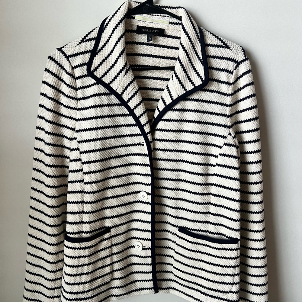 Talbots Navy and Cream Striped Knit Blazer